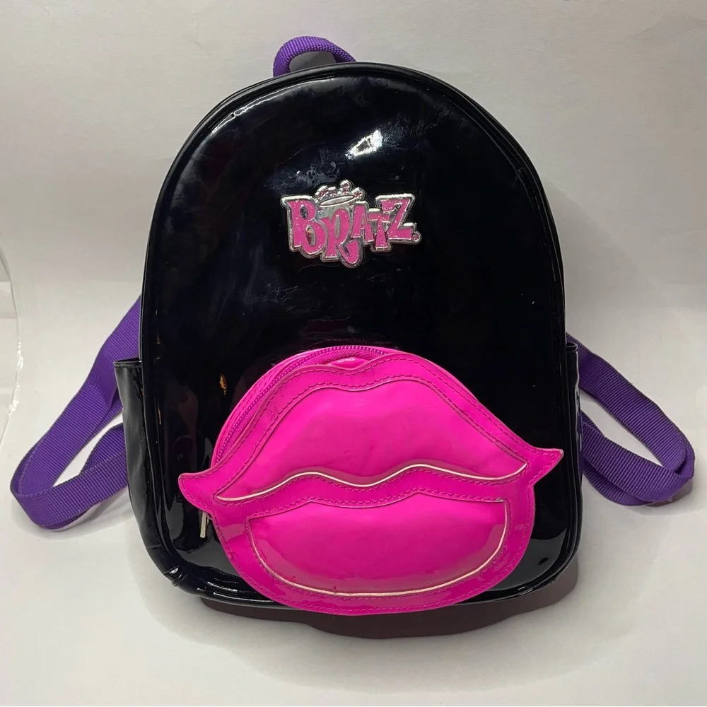 Bratz Mini Backpack Purse Black Patent Pink Lips Y2K Baddie Bratcore Goth Faux - Picture 4 of 9